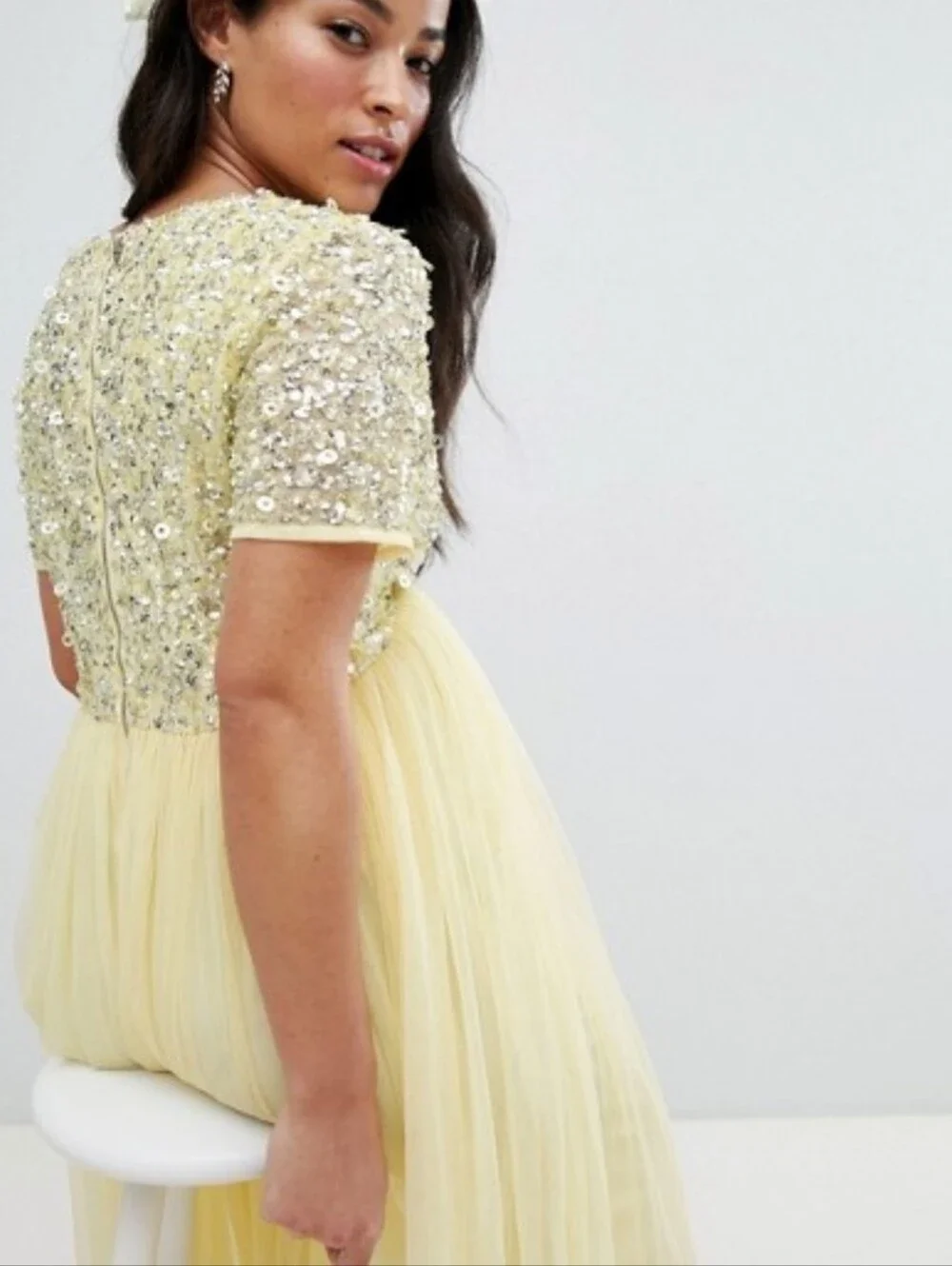 Maya Maternity Cap Sleeve Delicate Sequin Detail Tulle Maxi Dress in Lemon 10 - Picture 2 of 15